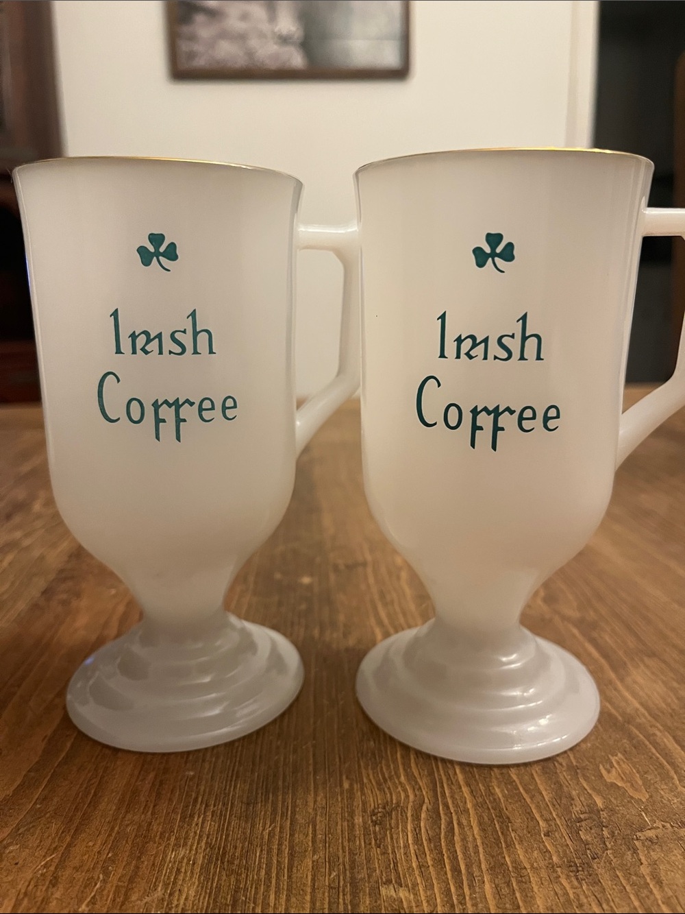 Vintage Irish Coffee Pedestal Mugs Set of 2 Shamrock Gold Trim